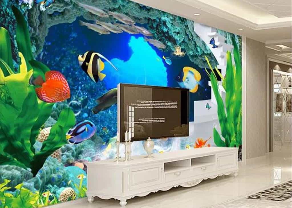 Custom wallpaper design behind a TV Design your whole wall with a custom wallpaper of your favorite fish.