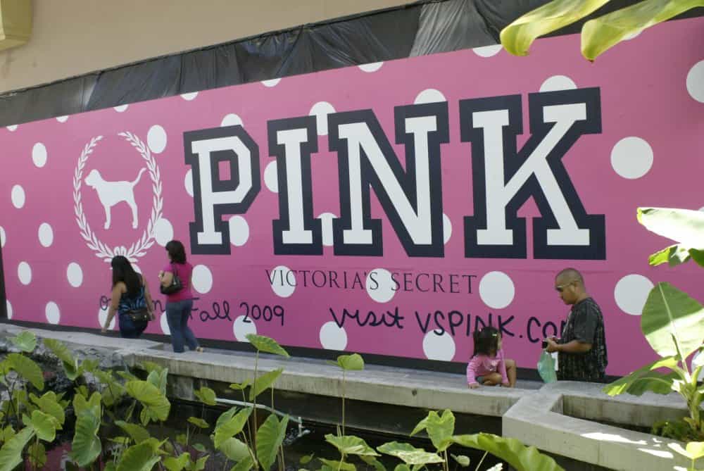 A Victoria's Secret barricade graphics with big white PINK  word with black outline over a pink background with small white circles A Victoria's Secret barricade graphics with big white PINK word with black outline over a pink background with small white circles