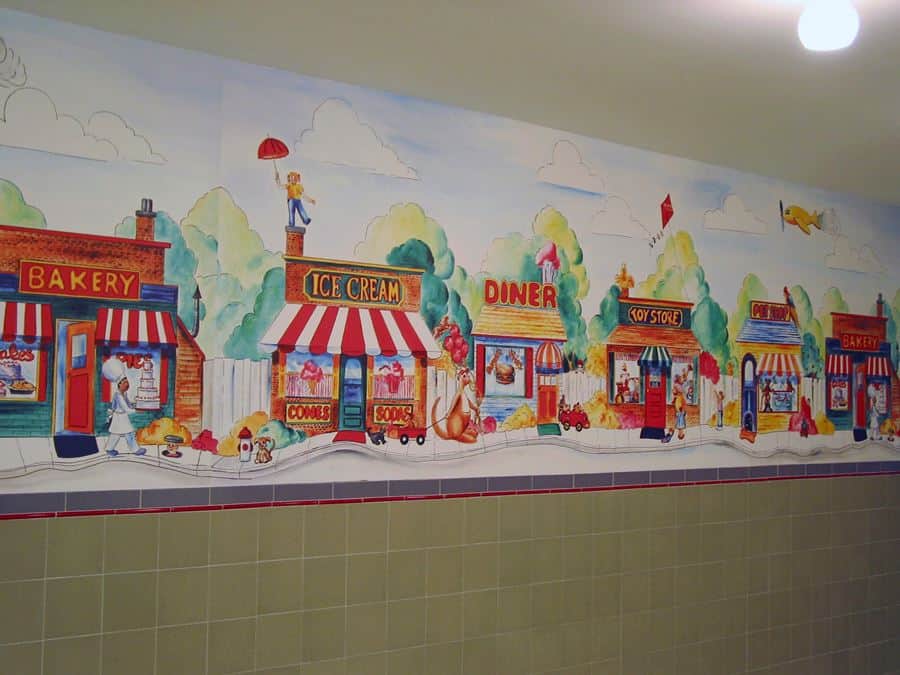 IMG_0593 a mural on the wall of a children's bathroom.