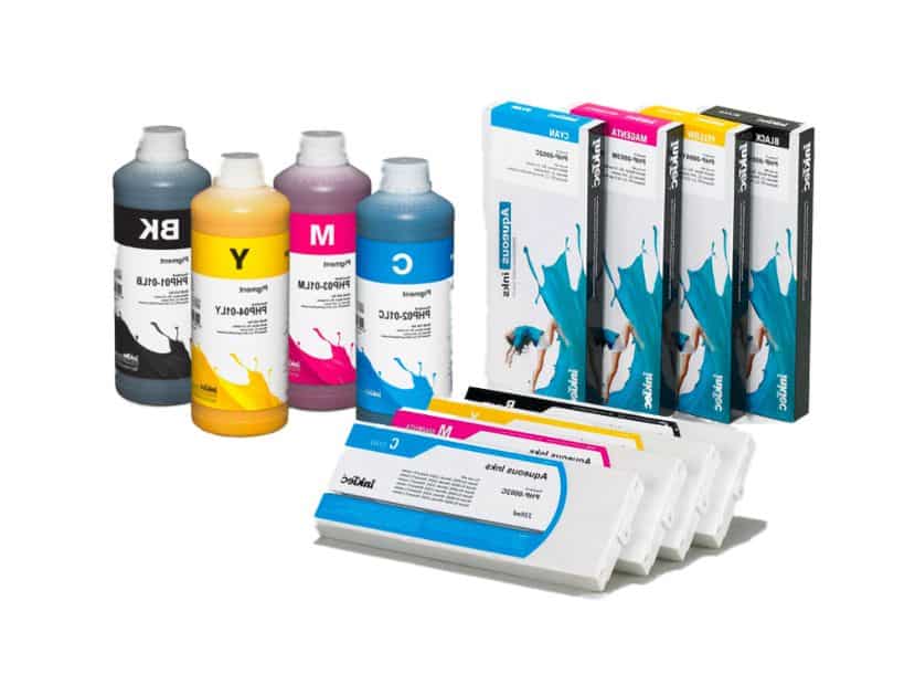 a group of ink bottles and ink cartridges.