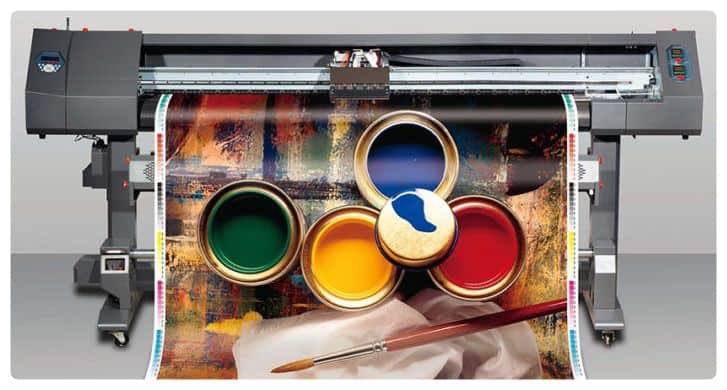 a printer with paint cans and a brush.