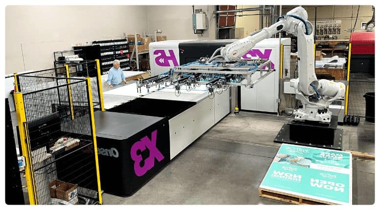 a factory with a robot operating a machine.