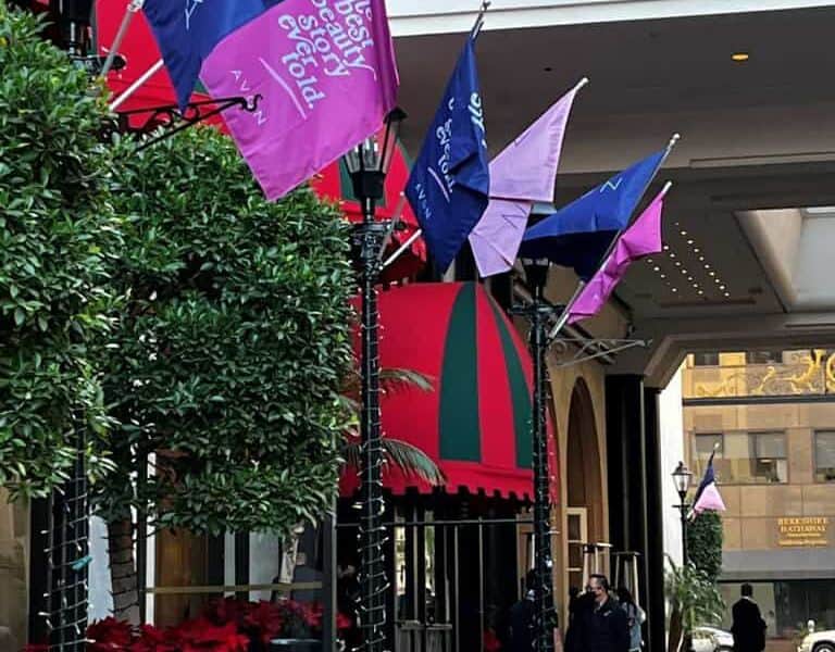 An outdoor view of a luxury storefront decorated with colorful flags and red holiday accents. the entrance is flanked by large green plants, and people are visible in the background. An outdoor view of a luxury storefront decorated with colorful flags and red holiday accents. the entrance is flanked by large green plants, and people are visible in the background.