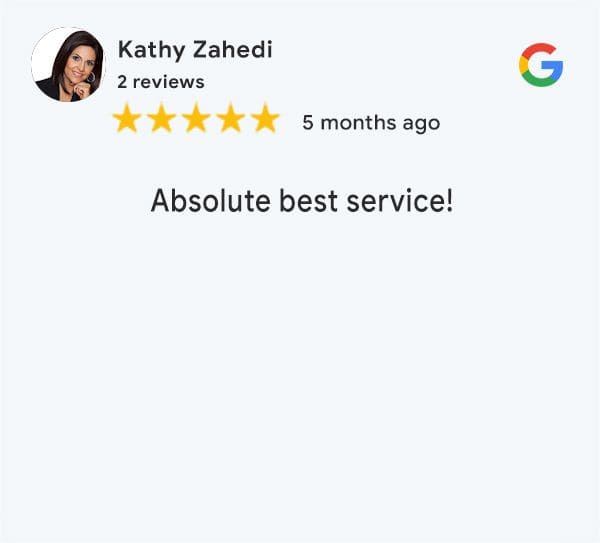 Image showing a Google review by Kathy Zahedi with 2 reviews. The review, posted 5 months ago, gives Platon Graphics 5-star rating. Below the rating, the text reads "Absolute best service!" Kathy's profile picture features a smiling woman with dark hair.