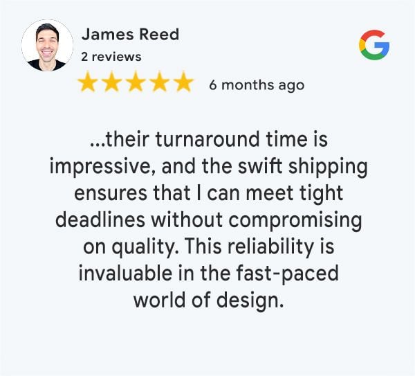 A Google review by James Reed, featuring a profile picture of a smiling individual. The review, submitted 6 months ago, gives 5 out of 5 stars and praises the Platon Graphic's impressive turnaround time and swift shipping.