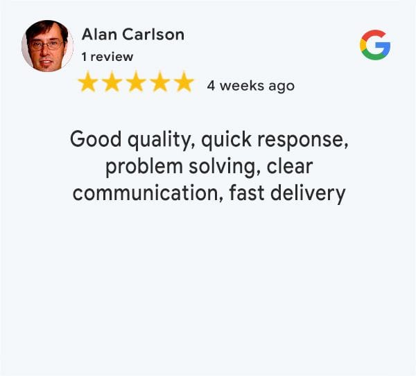 Google review from Alan Carlson with 5 stars, posted 4 weeks ago. Text of review reads: "Good quality, quick response, problem-solving, clear communication, fast delivery. Highly recommend for anyone in need of construction banner printing services.