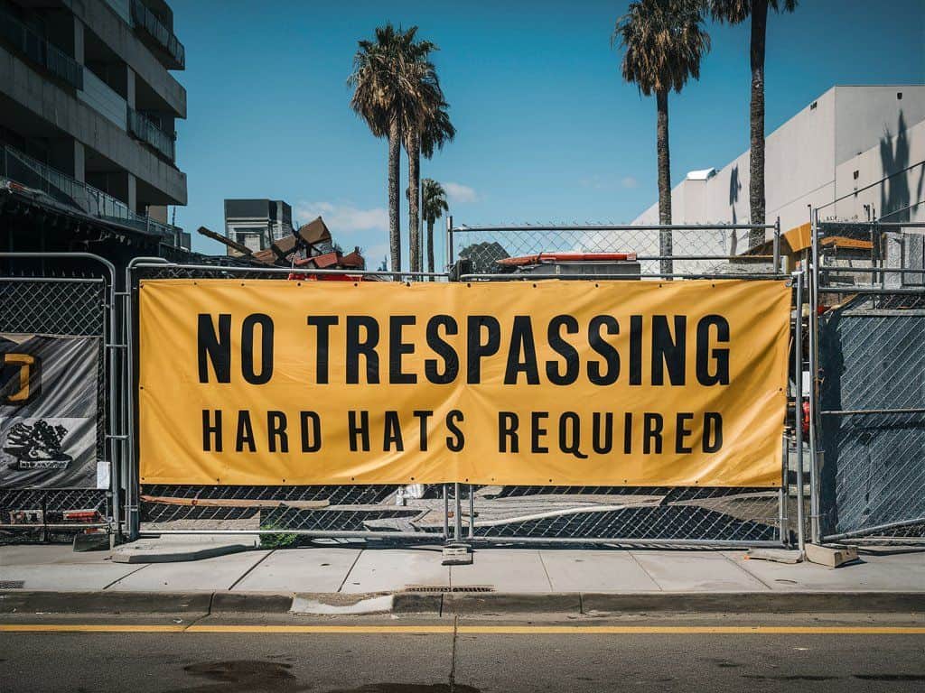 A Los Angeles, CA construction site is secured with a chain-link fence and a bright yellow construction banner that reads "NO TRESPASSING HARD HATS REQUIRED" in bold black letters.