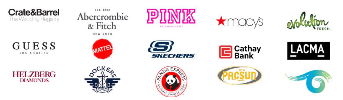 A variety of company logos are displayed in a 4x5 grid, including brands like Crate&Barrel, Abercrombie & Fitch, PINK, Macy's, Evolution Fresh, and GUESS. Other logos featured are Mattel, Skechers, the stylized wave logo from con-ban-test, Cathay Bank, LACMA, Helzberg Diamonds, Dockers,