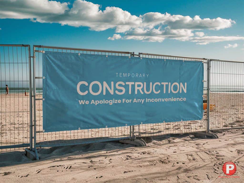 A sandy beach is partially enclosed with metal fencing. Attached to the fencing is a large blue banner with white text that reads, 