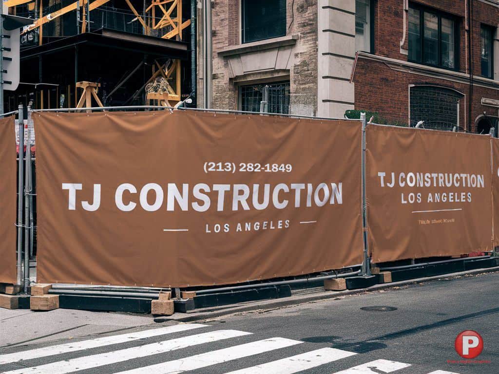 Construction site in Los Angeles with brown barriers displaying the text 