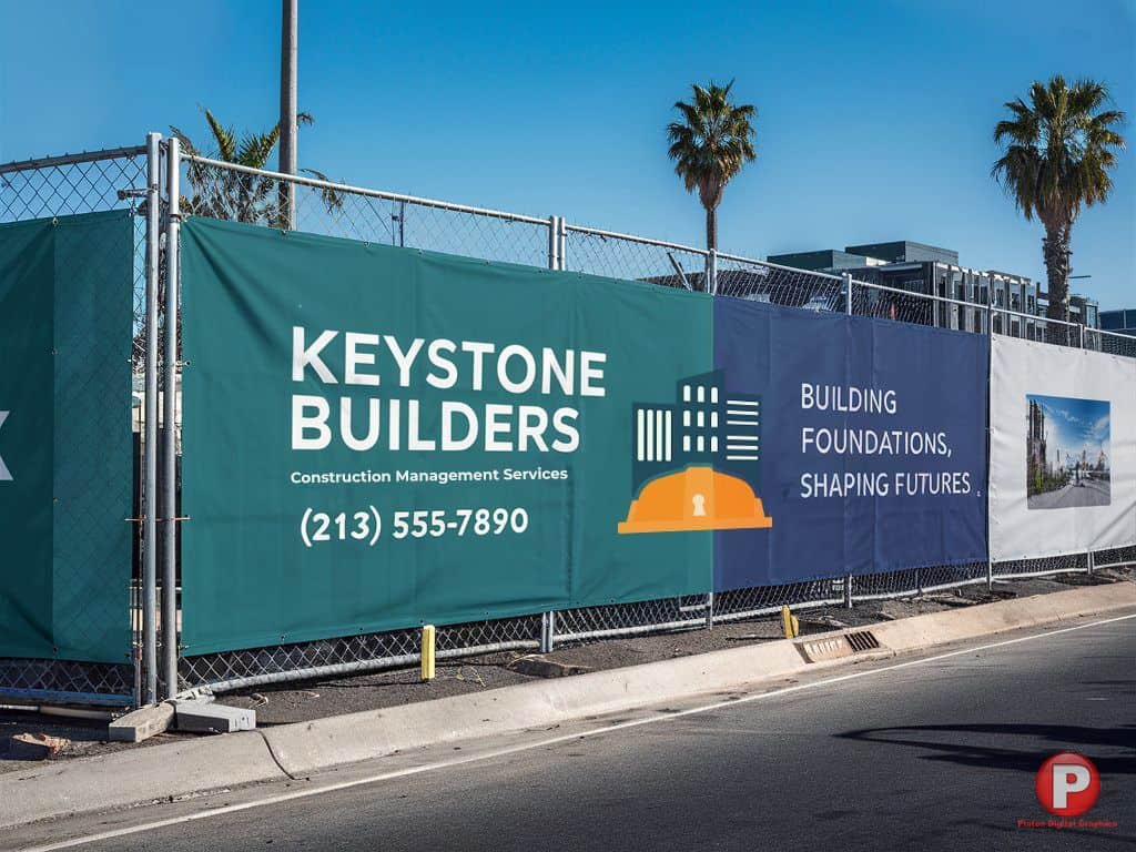 A construction site is enclosed by metal fencing adorned with banners. One banner reads "Keystone Builders, Construction Management Services, (213) 555-7890" alongside a building graphic. Another states "Building Foundations, Shaping Futures." Palm trees and buildings are visible in the background, blending perfectly for the con-ban-test.