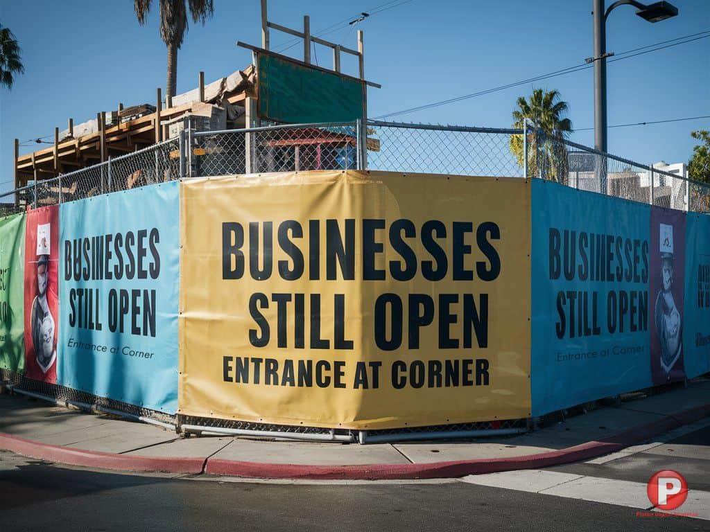 A construction site is enclosed by a chain-link fence adorned with large yellow and blue banners. The yellow banner reads 