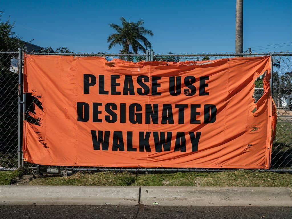 A torn orange fence banner with large black text that reads "PLEASE USE DESIGNATED WALKWAY" is attached to a chain-link fence. The fence is bordered with green grass and a sidewalk in the foreground. A tall palm tree and a utility pole are visible in the background under a clear blue sky, setting the scene for this con-ban-test.