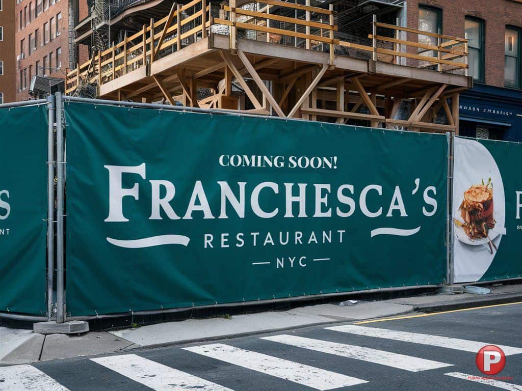 A large green construction barricade showcases the text 