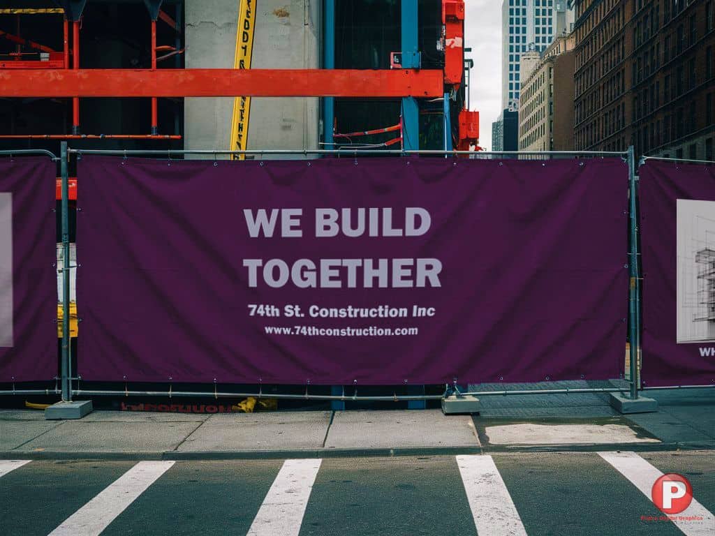 A construction site is enclosed by a large purple construction banner with the white text 