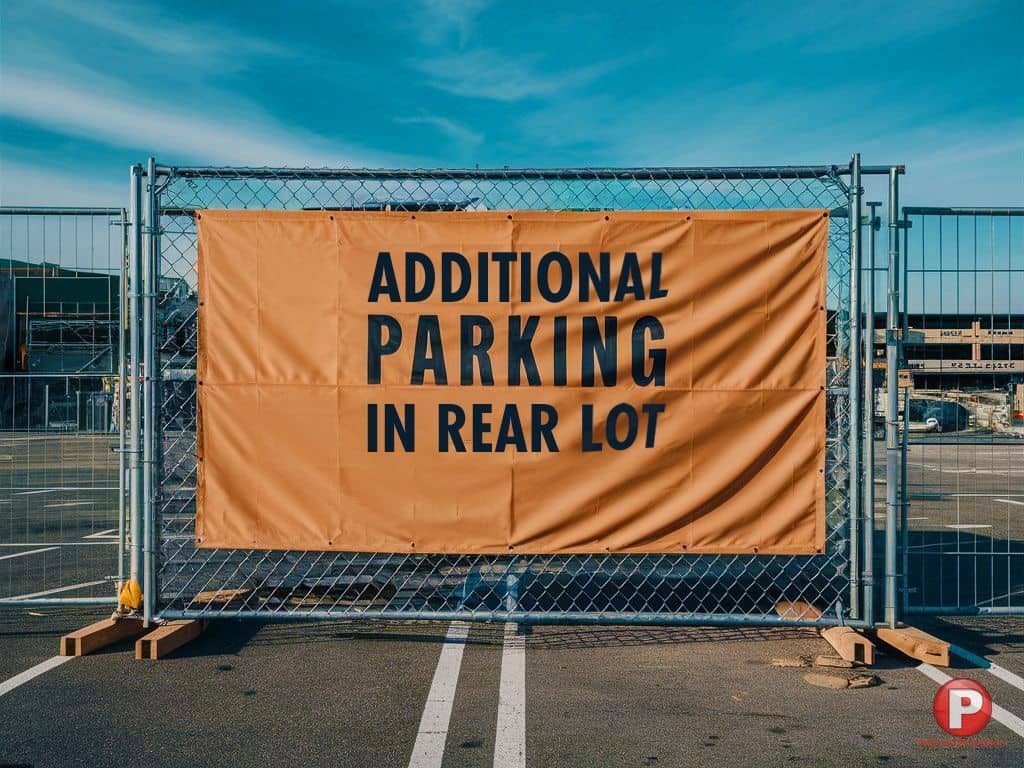A large orange banner with the text "ADDITIONAL PARKING IN REAR LOT" is attached to a chain-link fence, part of an empty parking lot with industrial buildings and blue sky in the background. A red circular sign with a white letter "P" lies on the ground as if it failed a con-ban-test.