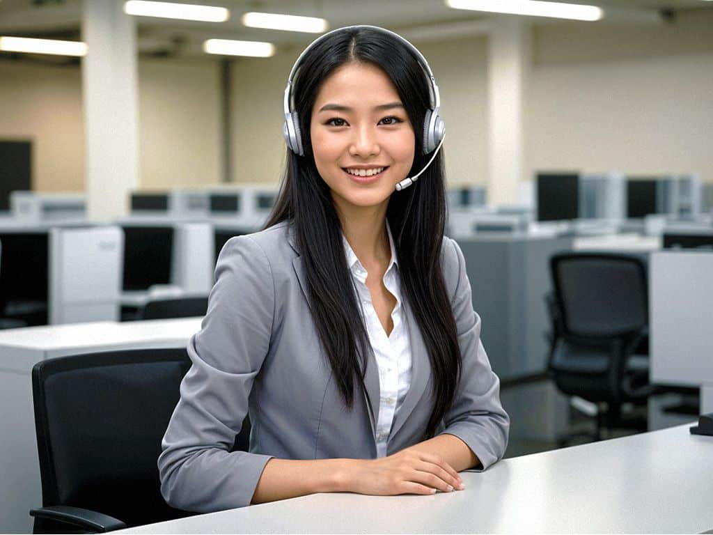 A friendly Platon Graphics customer service representative with long black hair, wearing a gray blazer and white shirt, smiles while assisting clients. She sits at her desk in Platon Graphics' modern office, surrounded by large format printers, design computers, and banner samples. The workspace showcases Platon's expertise in custom construction banners and signage production.