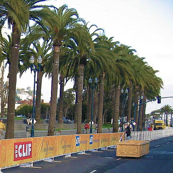 A city street lined with tall palm trees and orange construction banners on both sides. The banners display logos. In the distance, a yellow construction vehicle is visible. Lamp posts are interspersed between the palm trees, and a few people are walking on the sidewalk.