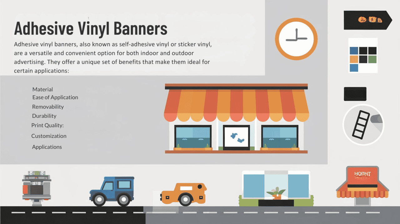 A collection of various adhesive vinyl banners showcasing different colors, sizes, and designs for versatile advertising options. 