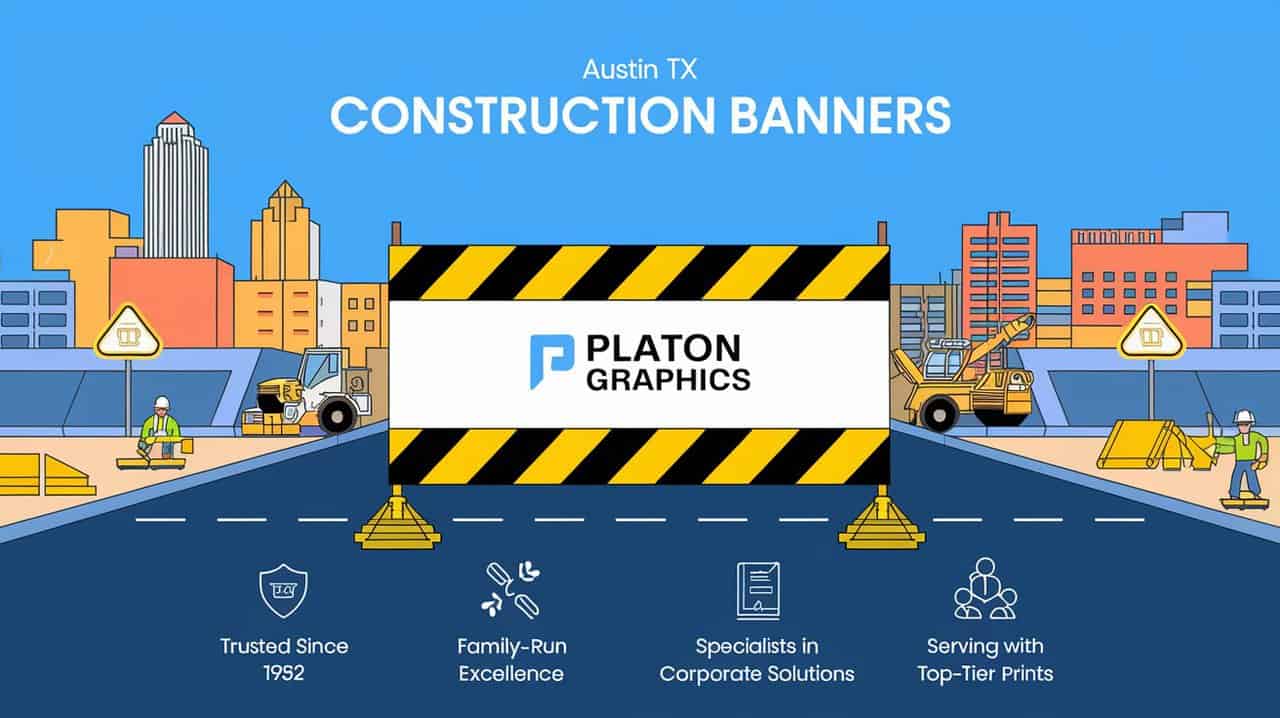 A display of various construction banners available for sale, showcasing different designs and sizes for construction projects.