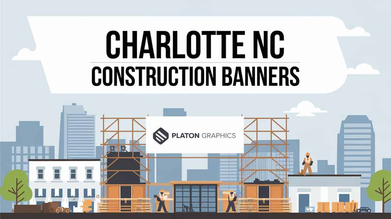 Construction banners displayed in Charlotte, NC, showcasing various ongoing building projects in the city.