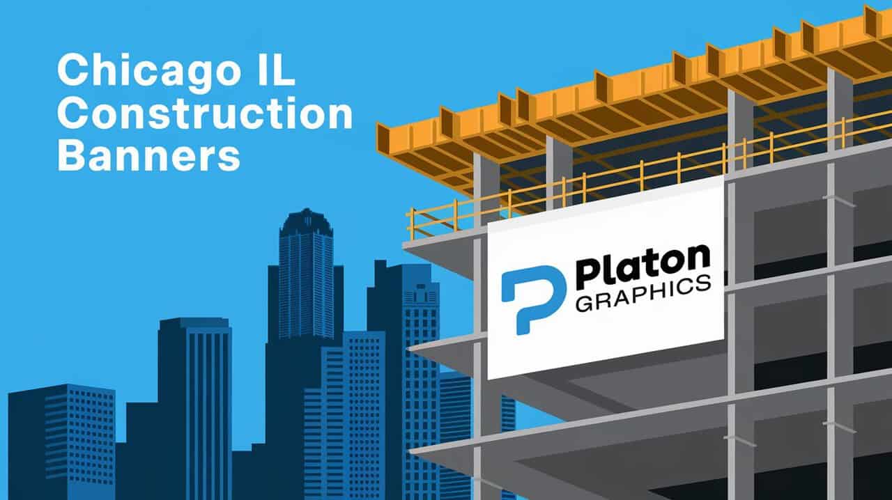 Construction banners displayed in Chicago, showcasing various projects and developments in the urban landscape.