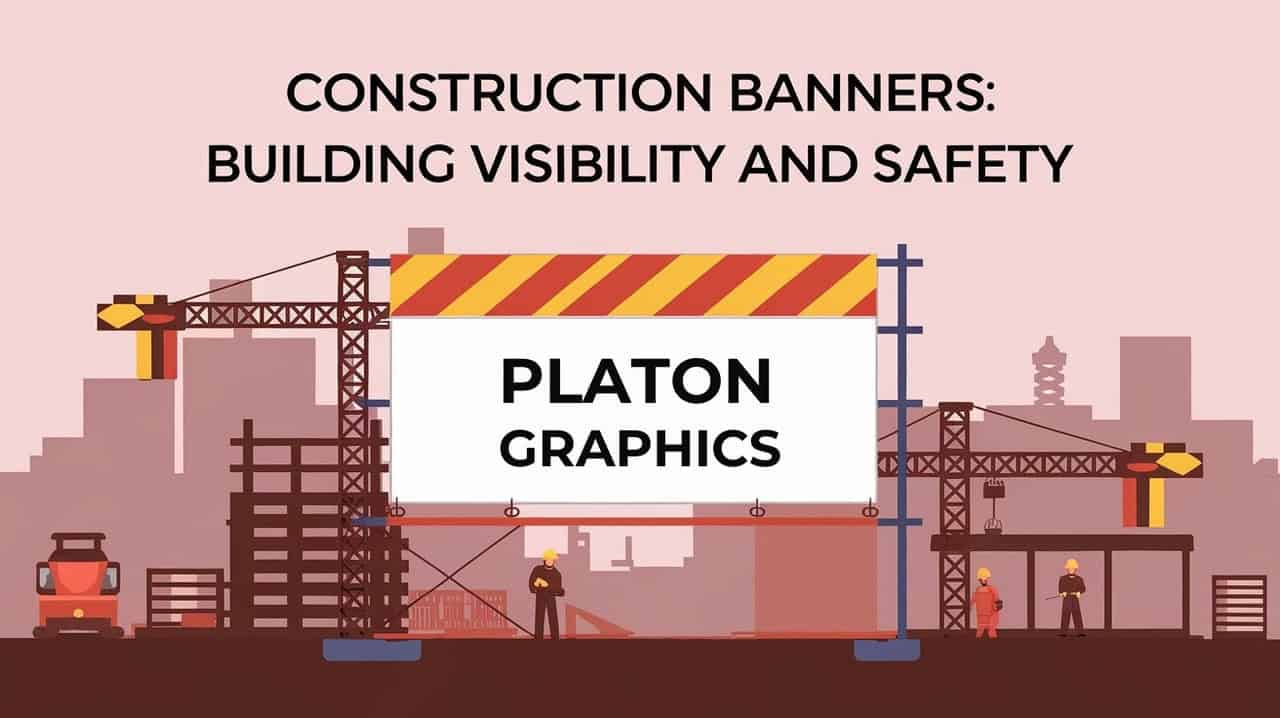 Construction banners promoting visibility and safety at a building site, ensuring clear communication for workers and passersby.