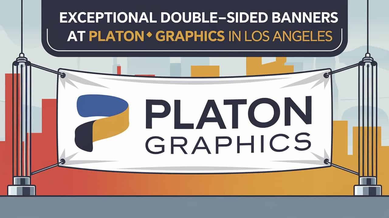 Illustration of a double-sided banner displayed between two poles with a city skyline background. The banner reads