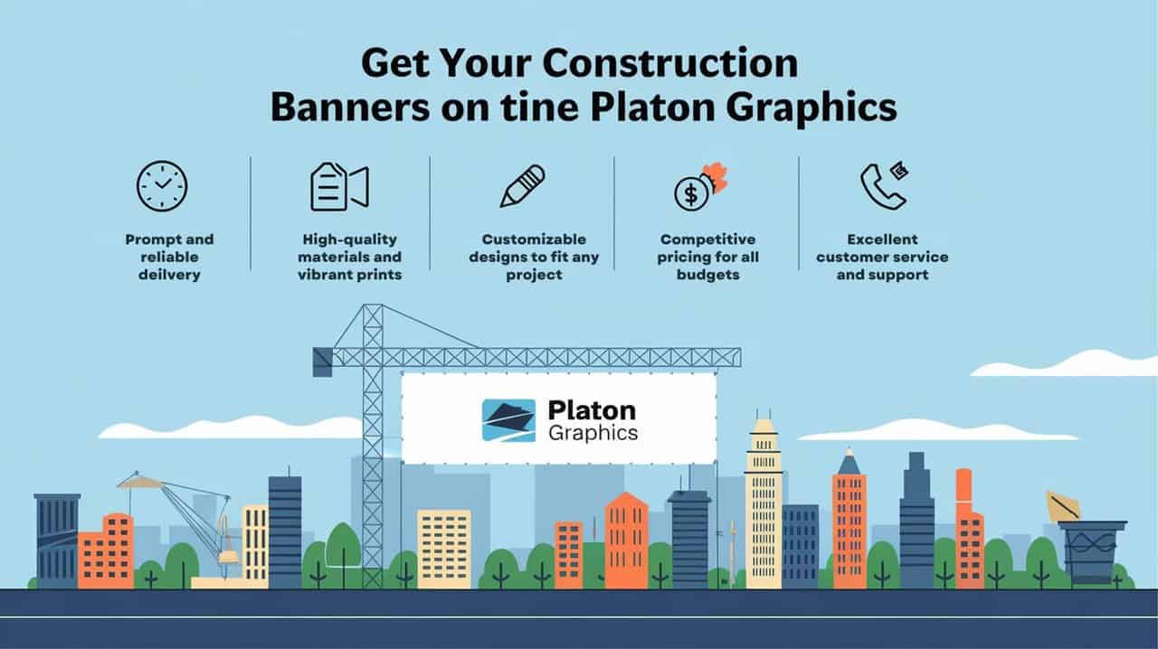 Construction banners featuring line platon graphics displayed prominently at a construction site, showcasing project details.