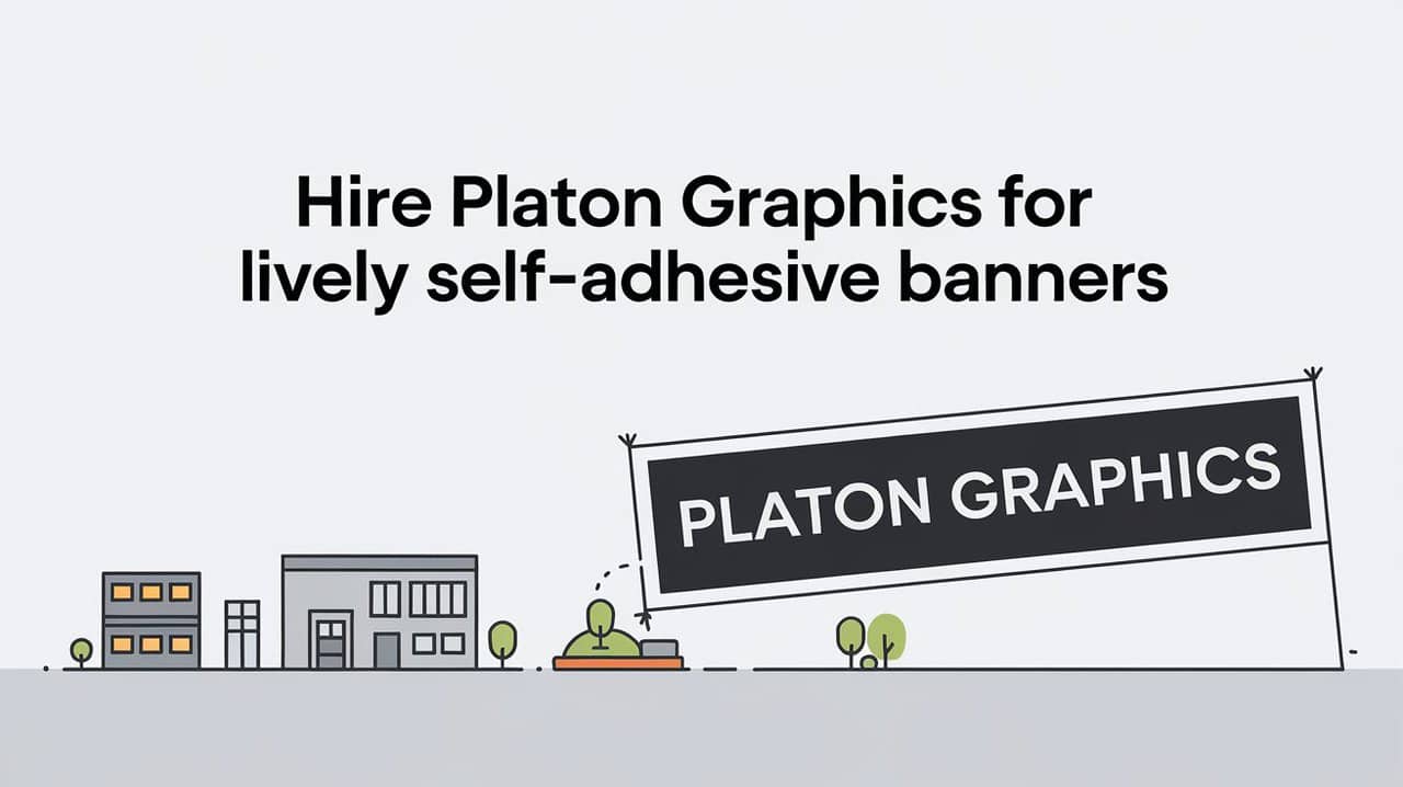 . A self-adhesive banner showcasing Platon Graphics' professional design services for effective advertising solutions