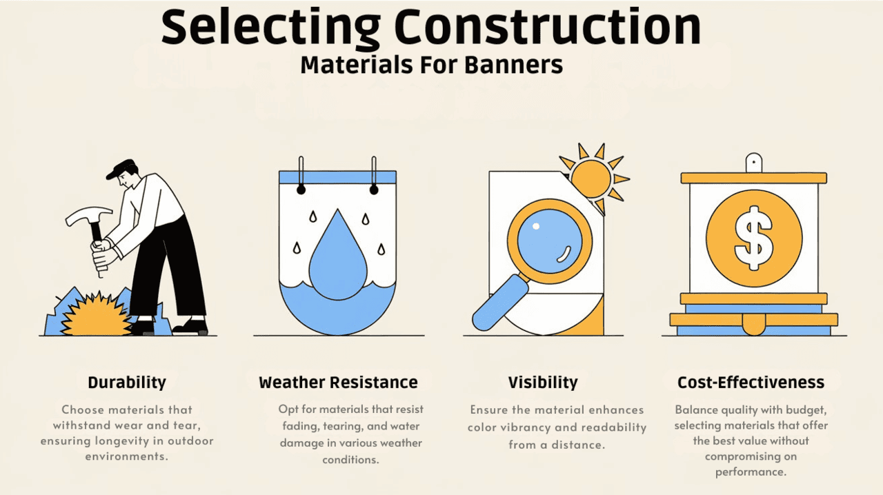 A person examining various construction materials for creating banners, showcasing options and decision-making in a workspace.