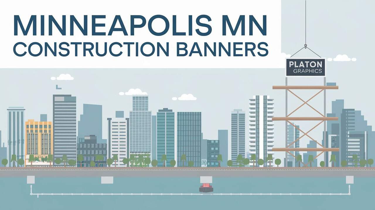 Construction banners displayed in Minneapolis, MN, showcasing ongoing development and urban improvement initiatives.