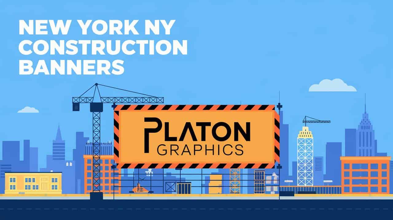 Construction banners displayed in New York, showcasing various projects and advertisements in an urban setting.