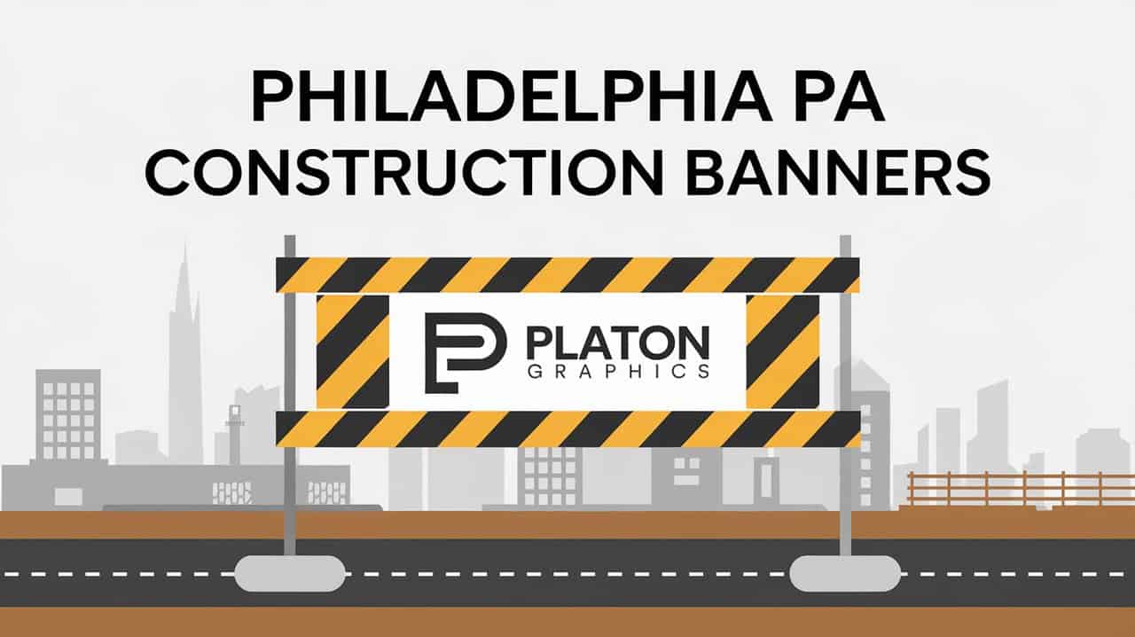 Construction banners displayed in Philadelphia, PA, showcasing various projects and developments in the city.