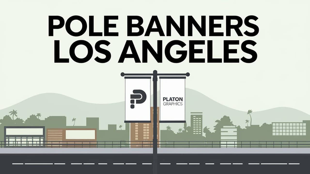 Stylized illustration of a cityscape with two banners hanging from a pole in the center. The banners display a logo and the text "PLATON GRAPHICS." Above the cityscape, large text reads, "POLE BANNERS LOS ANGELES." The background features buildings and palm trees. Stylized illustration of a cityscape with two banners hanging from a pole in the center. The banners display a logo and the text "PLATON GRAPHICS." Above the cityscape, large text reads, "POLE BANNERS LOS ANGELES." The background features buildings and palm trees.