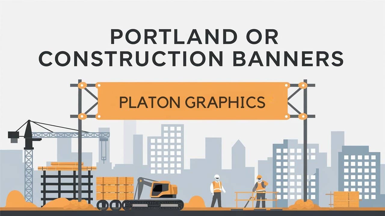 Construction banners displayed in Portland, Oregon, showcasing various projects and developments in the city.