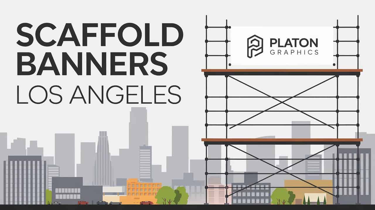 Illustration of a cityscape with tall buildings and a scaffold structure featuring two banners. One banner reads