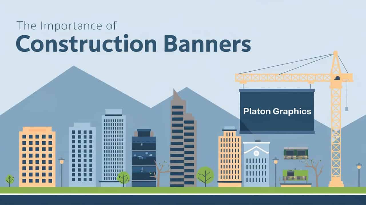 A construction site featuring informative banners highlighting safety, project details, and community engagement in urban development.