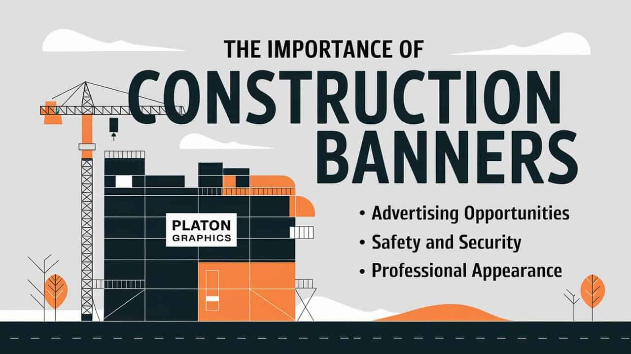 A construction site featuring informative banners highlighting safety, progress, and community engagement in building projects.