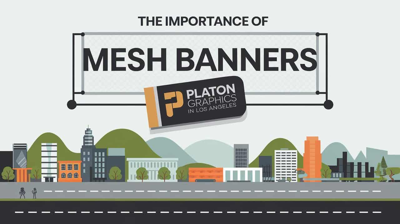 A vibrant mesh banner displaying key benefits, emphasizing visibility and durability for outdoor advertising campaigns.