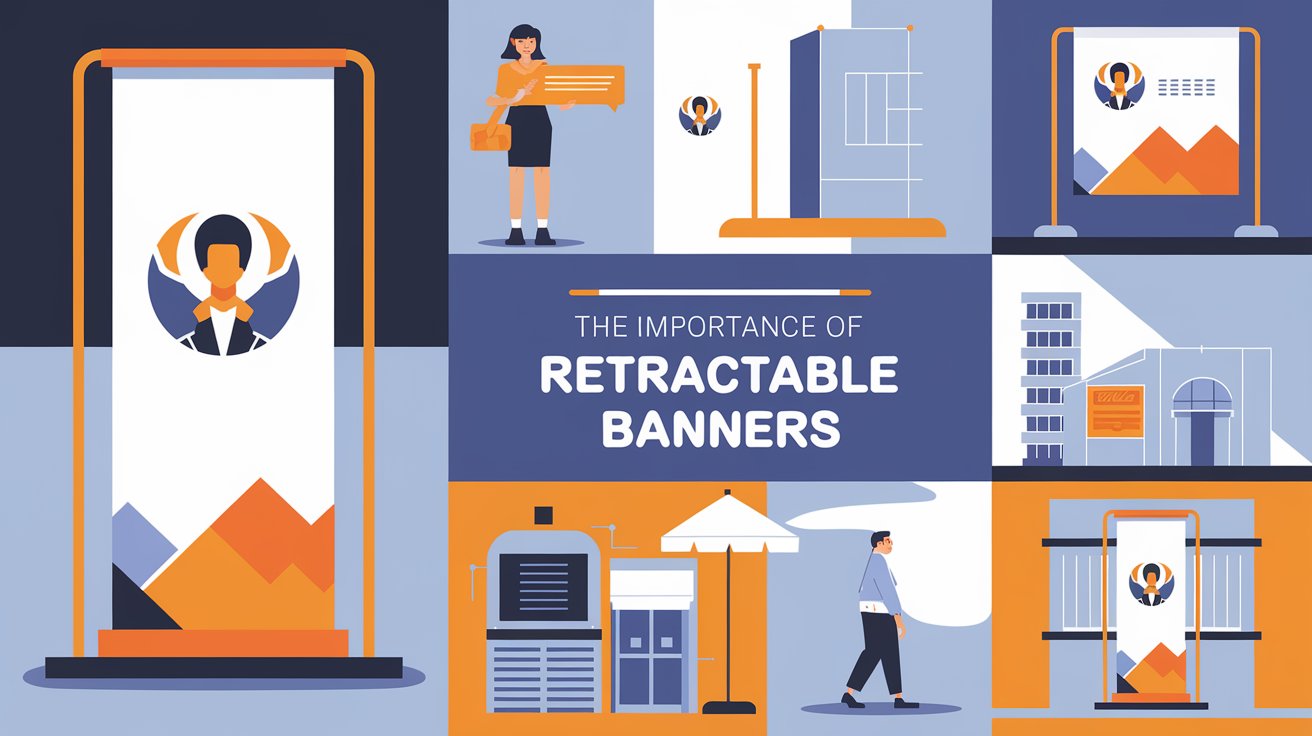 A visually appealing retractable banner showcasing its benefits, including portability, ease of setup, and effective advertising