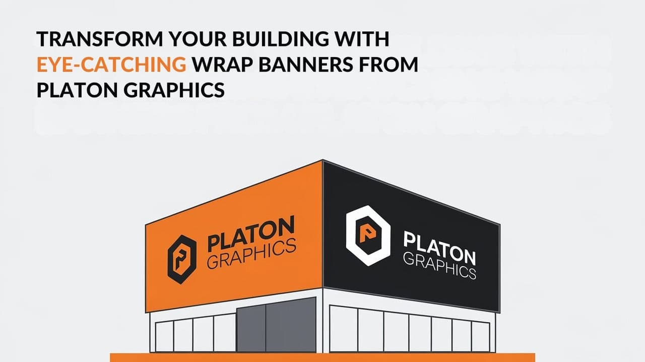 A building displaying vibrant wrap banners promoting Platon Graphics' eye-catching transformation services