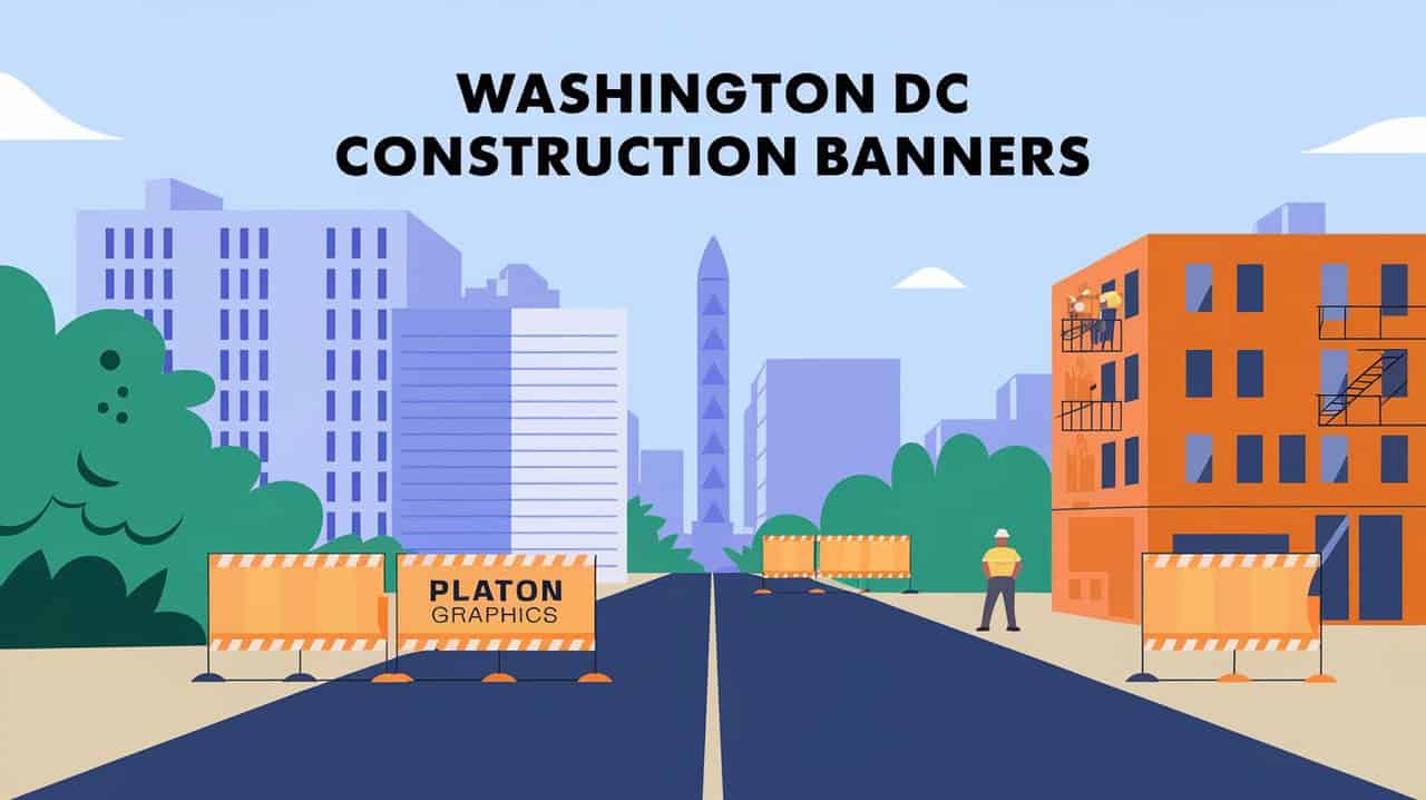 Construction banners displayed in Washington, D.C., showcasing ongoing development and urban improvement projects.