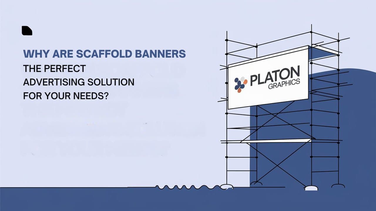 Scaffolding banners displayed prominently on construction scaffolding, showcasing advertisements and safety information