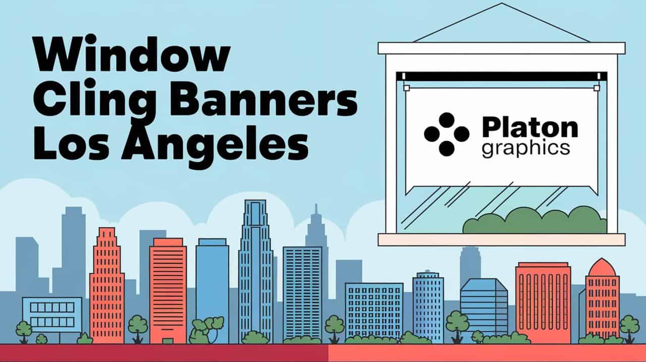 Illustration of a cityscape with diverse skyscrapers in various colors. In the foreground, there is a window showcasing a banner with the text